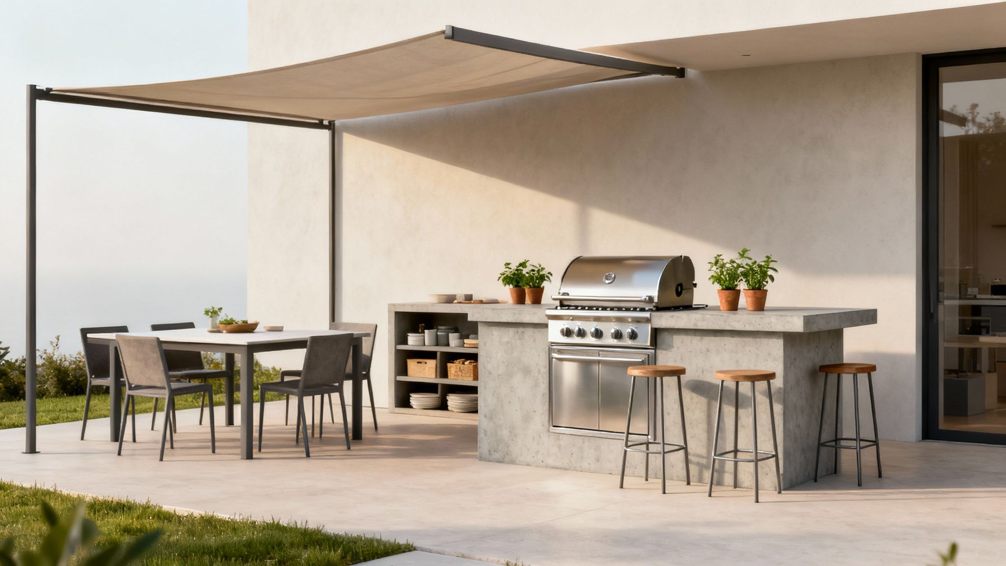 Outdoor kitchen with built-in grill, concrete countertop, and dining area under a shade structure, ideal for entertaining in warm climates.