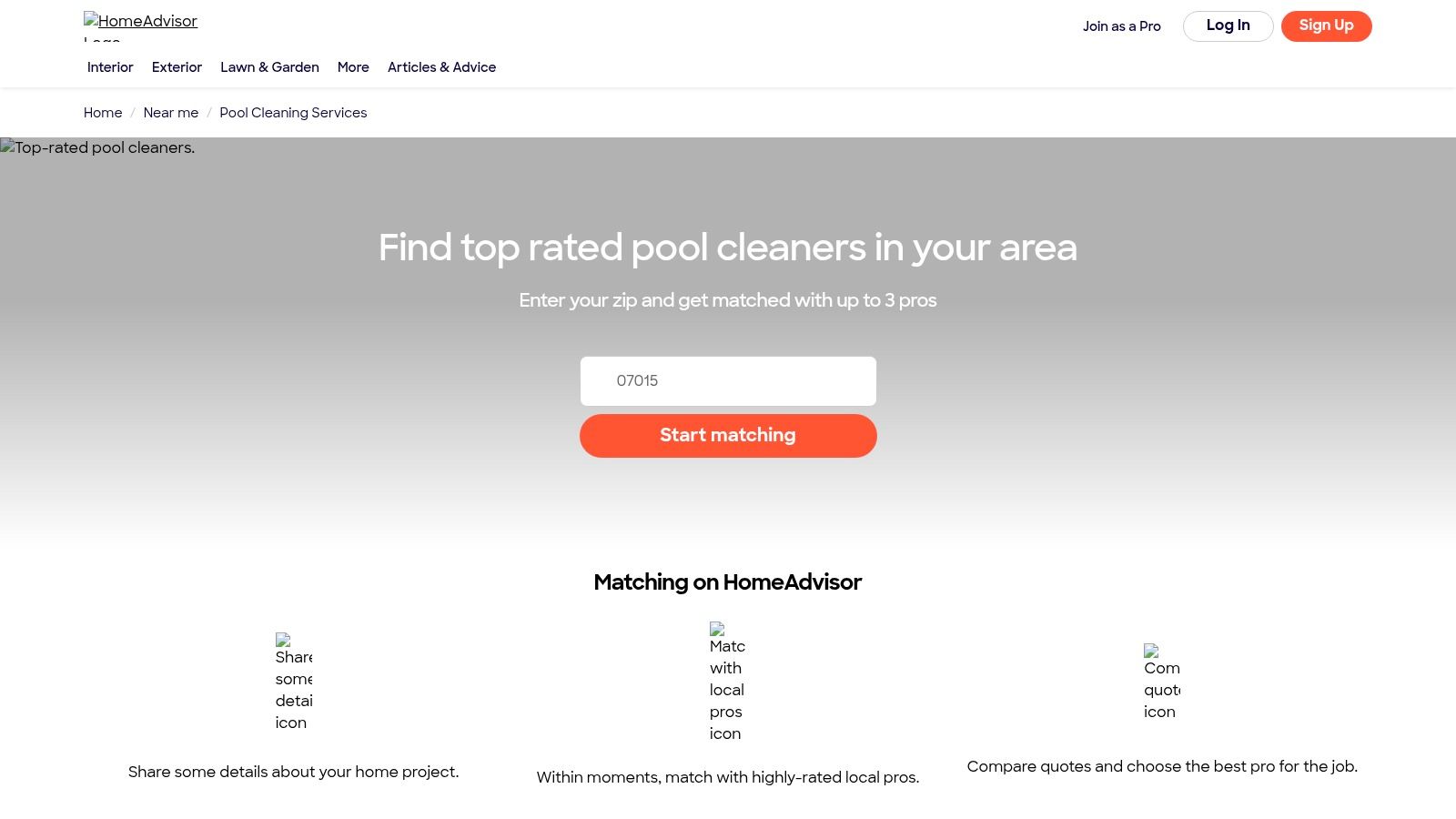HomeAdvisor webpage interface showcasing pool cleaning services, featuring a search bar for entering zip codes and a prominent "Start matching" button, emphasizing the platform's role in connecting homeowners with top-rated local pool care professionals.