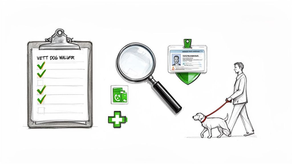 Illustration of a dog walker vetting process including a checklist, ID card, magnifying glass, and a man walking a dog.