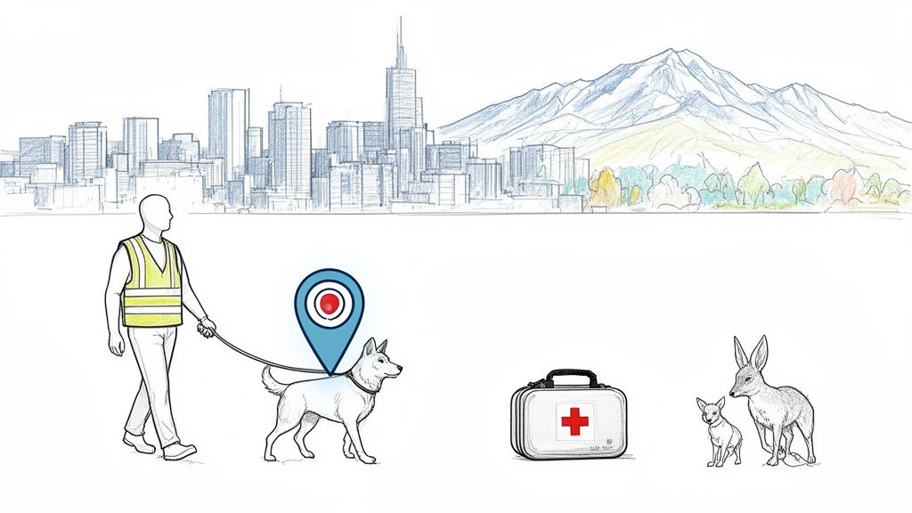 A person walking a dog with a GPS tracker, a first aid kit, and small animals near a city and mountains.