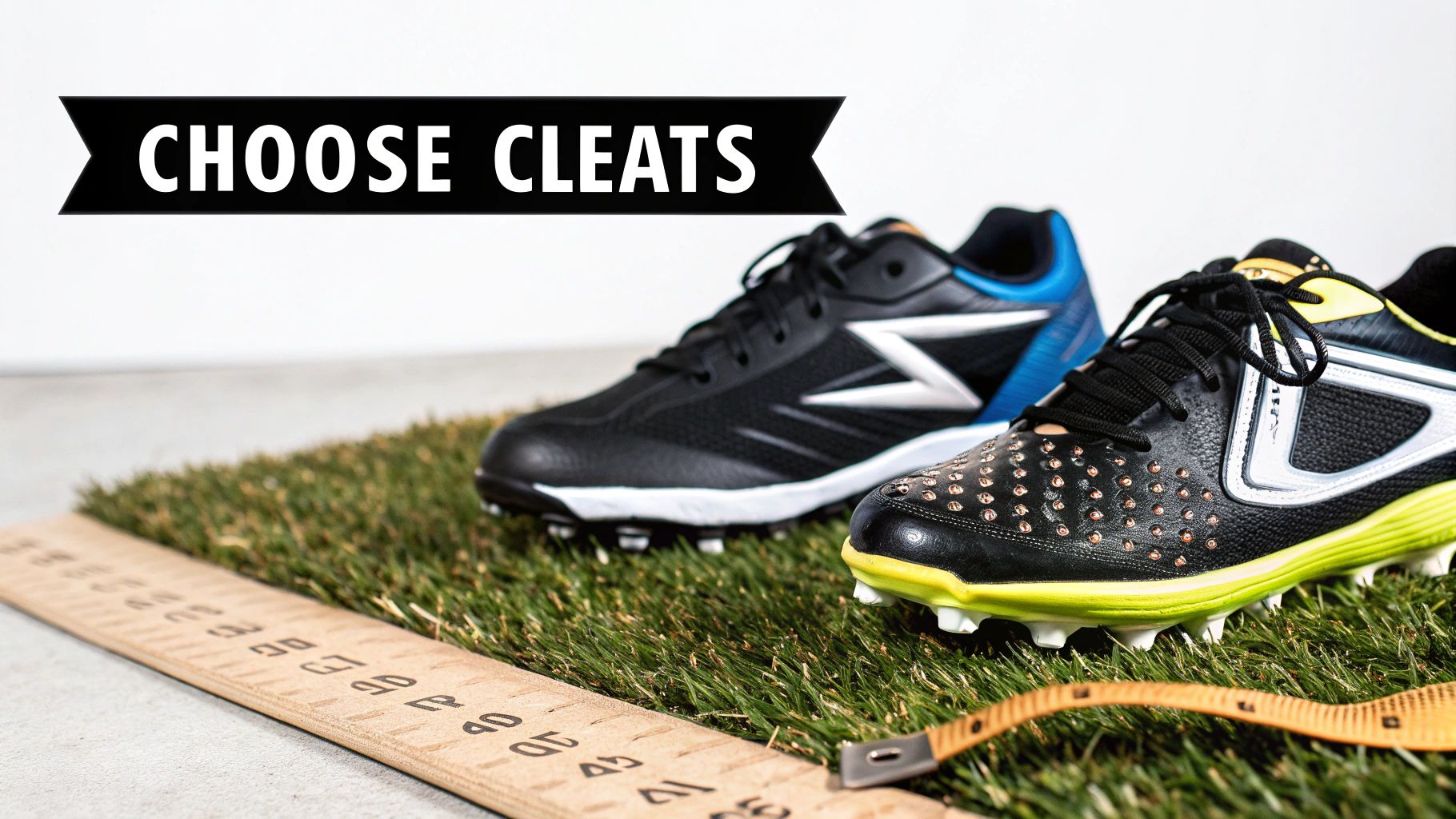 Two different types of sports cleats displayed on artificial turf, with a ruler and measuring tape, under a 'CHOOSE CLEATS' banner.