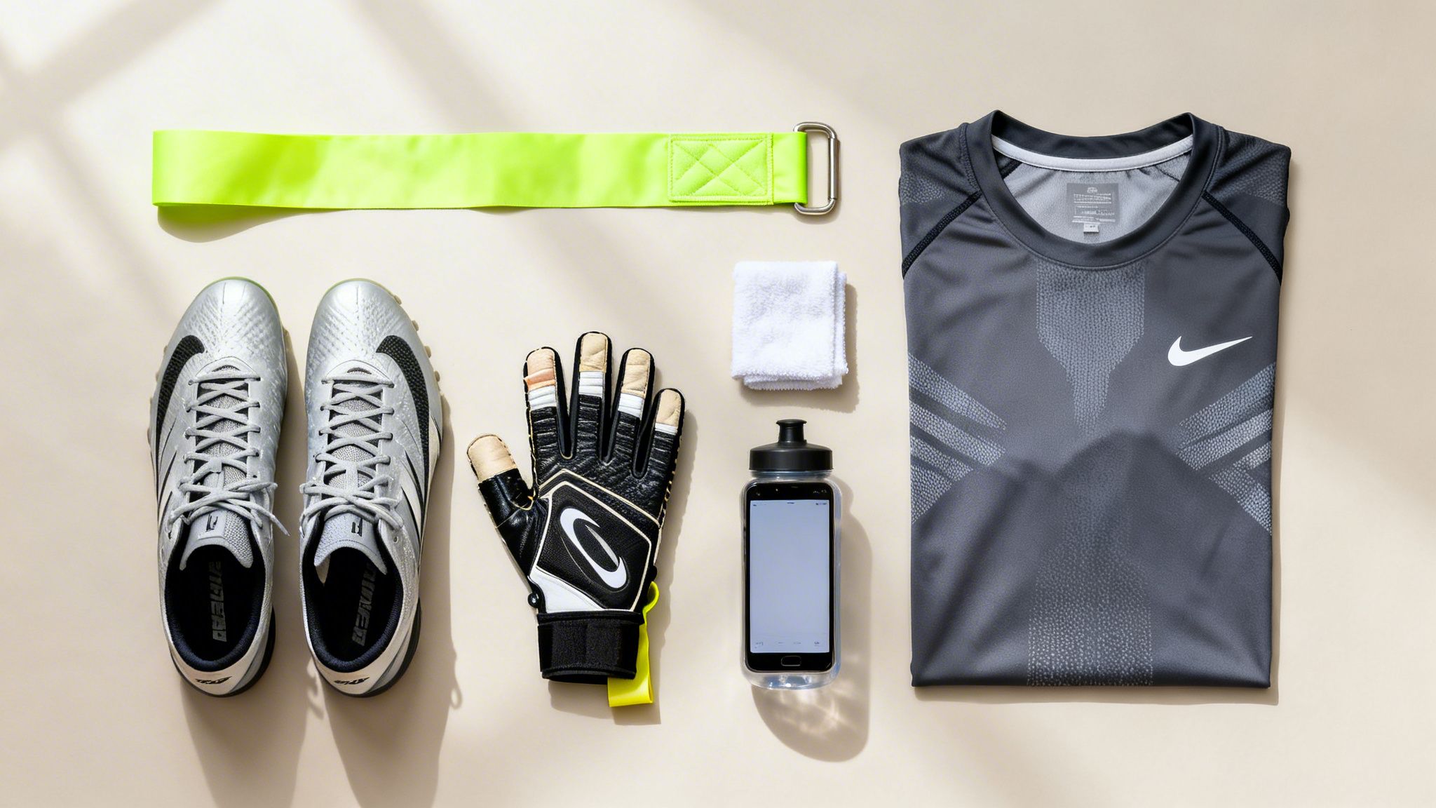 A flat lay of adult flag football gear, including cleats, a glove, resistance band, shirt, towel, and water bottle.