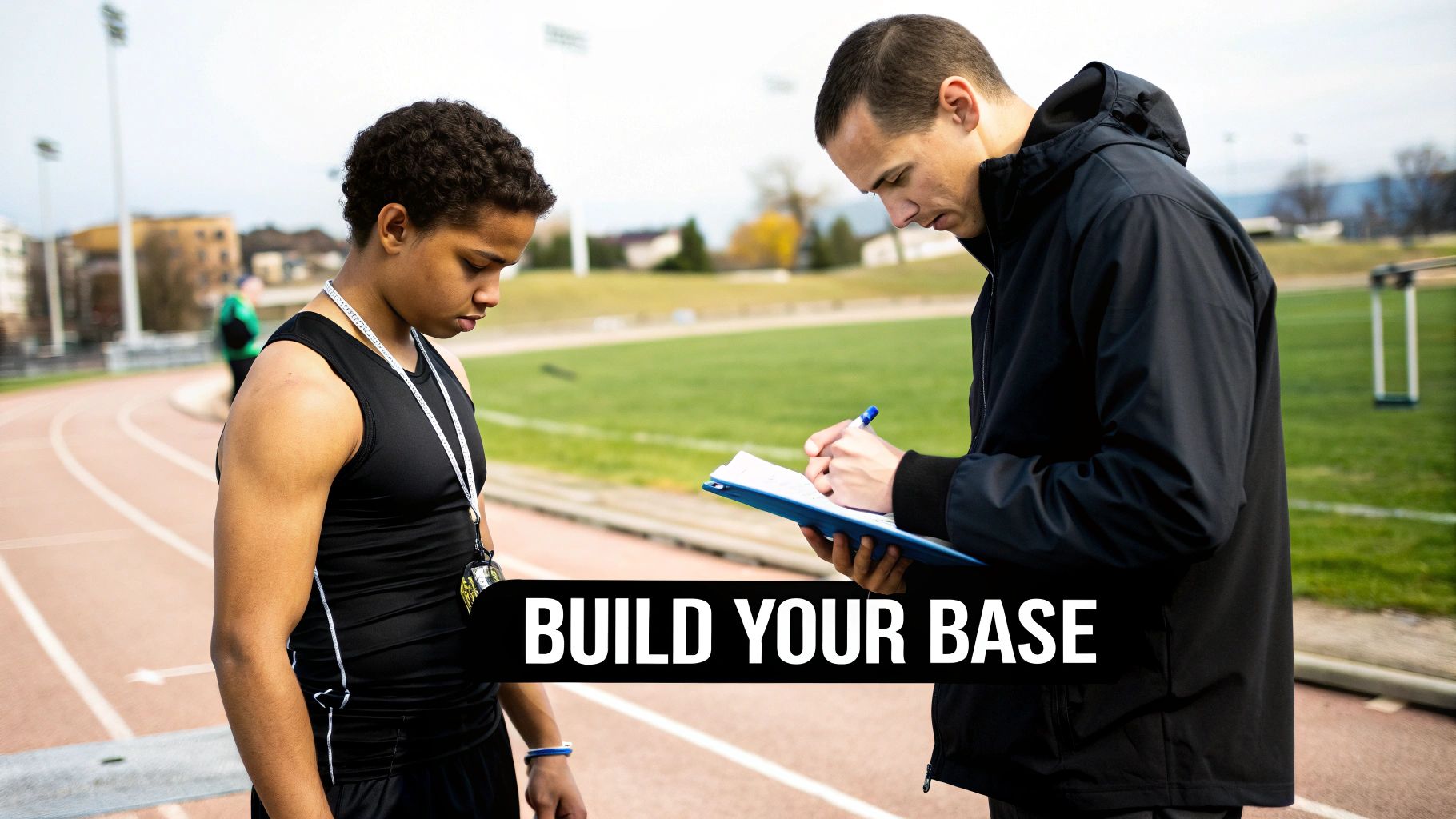 A young male athlete stands on a track while a coach writes notes on a clipboard, with "BUILD YOUR BASE" text.