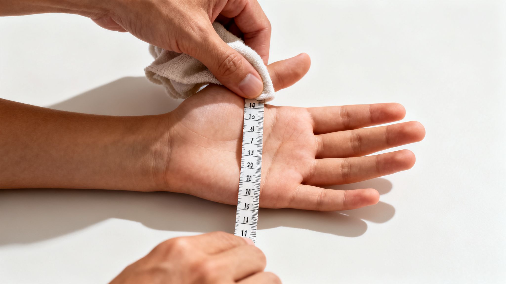 Close-up of hands measuring a child's wrist with a white tape measure and cloth.