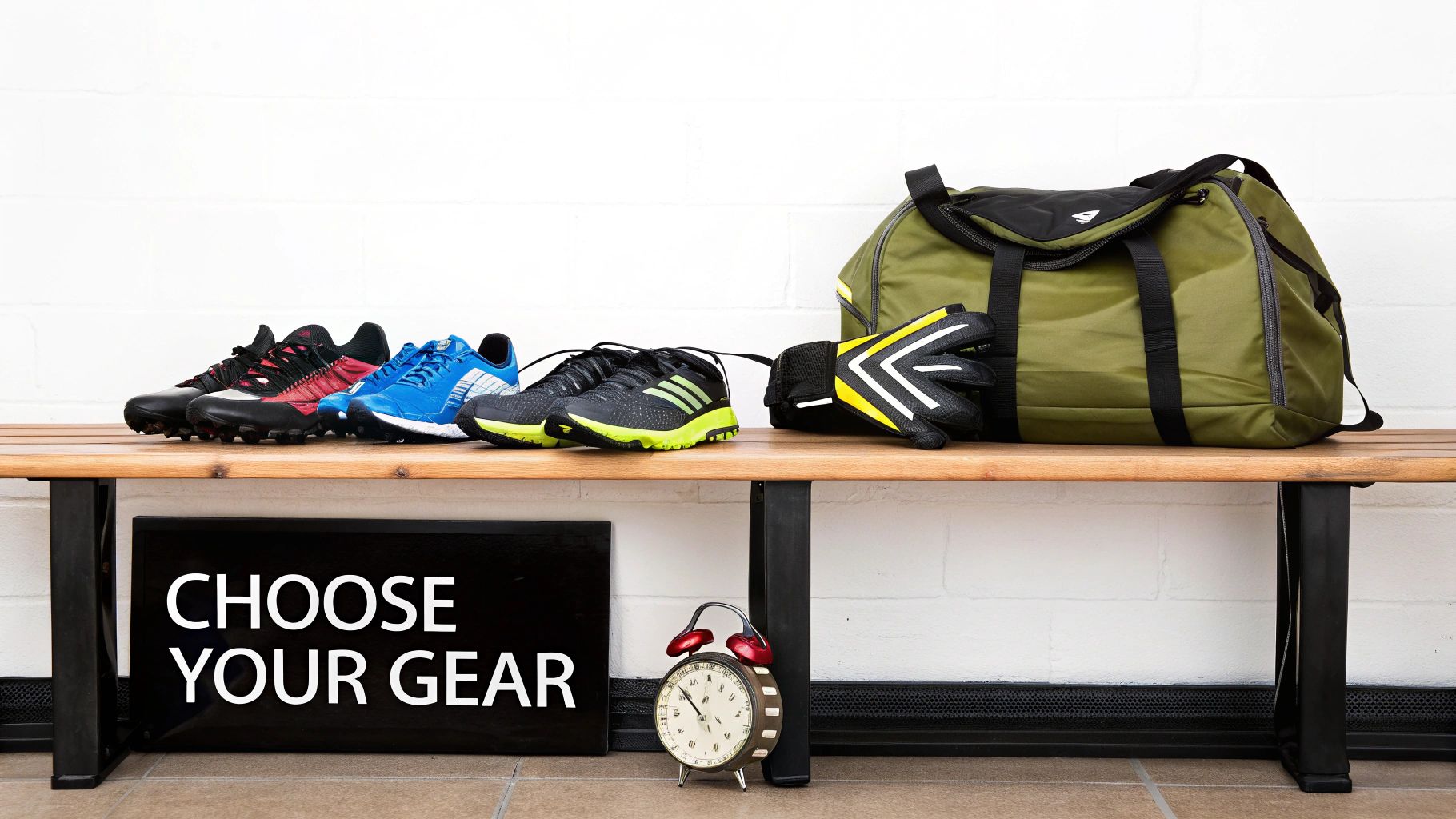 Multiple pairs of athletic shoes, a duffel bag, and goalie gloves on a wooden bench.