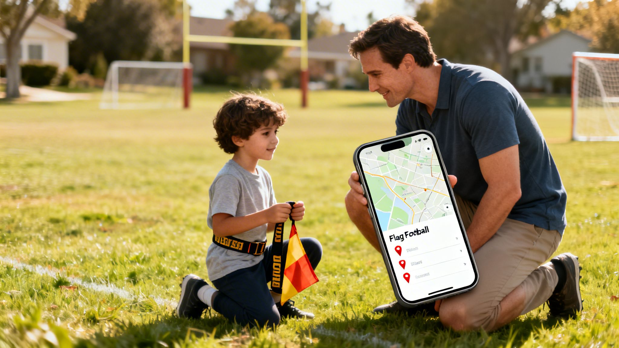 A father and son on a grassy field, holding flag football equipment and looking at a phone.
