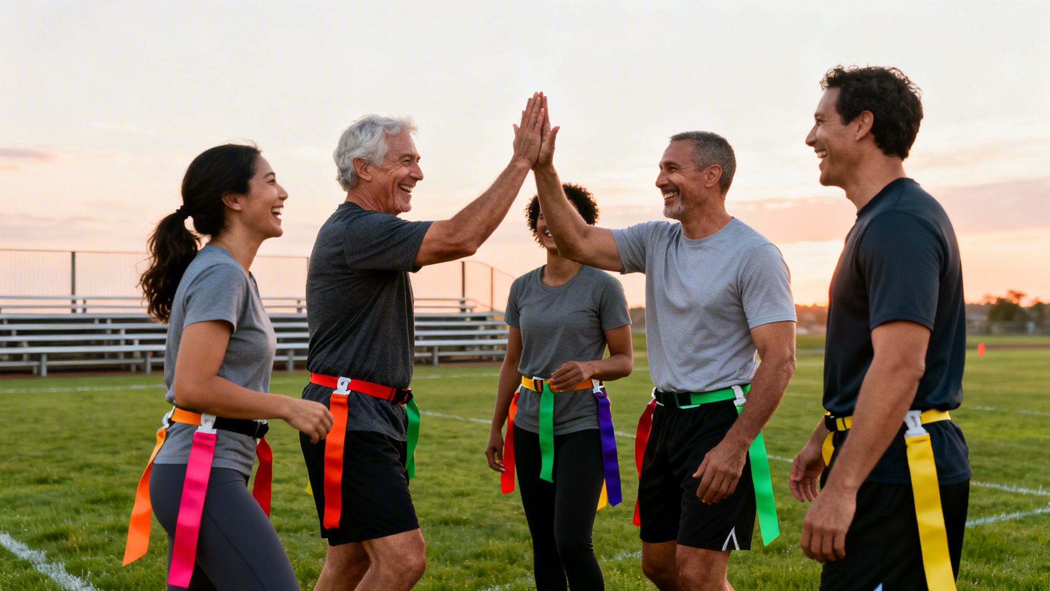 Diverse group of adults celebrating with high-fives after playing flag football on a field.