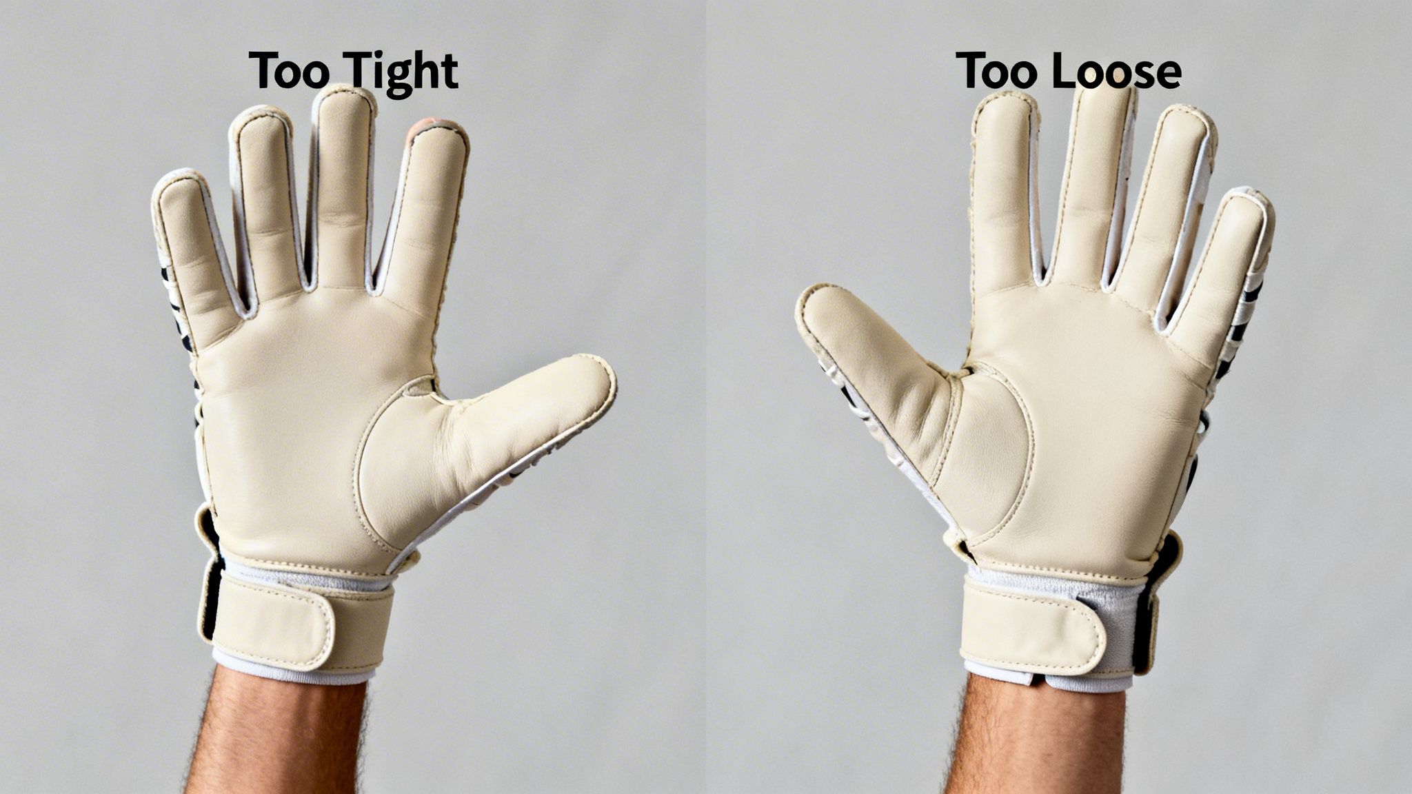 A comparison image showing two hands wearing beige football goalkeeper gloves, one too tight and one too loose.
