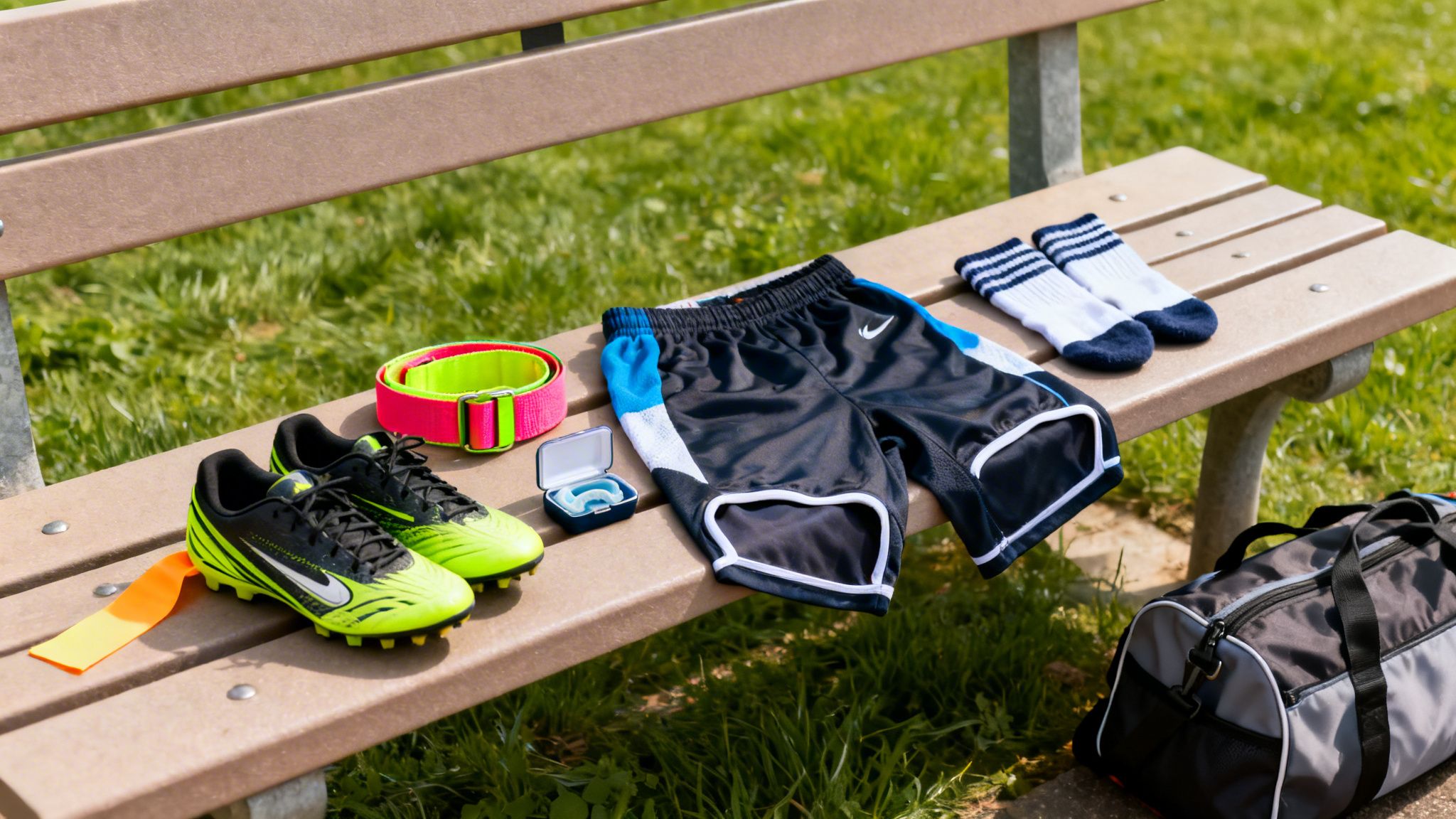 Youth flag football gear, including cleats, shorts, a belt, and a mouthguard, laid out on a park bench.
