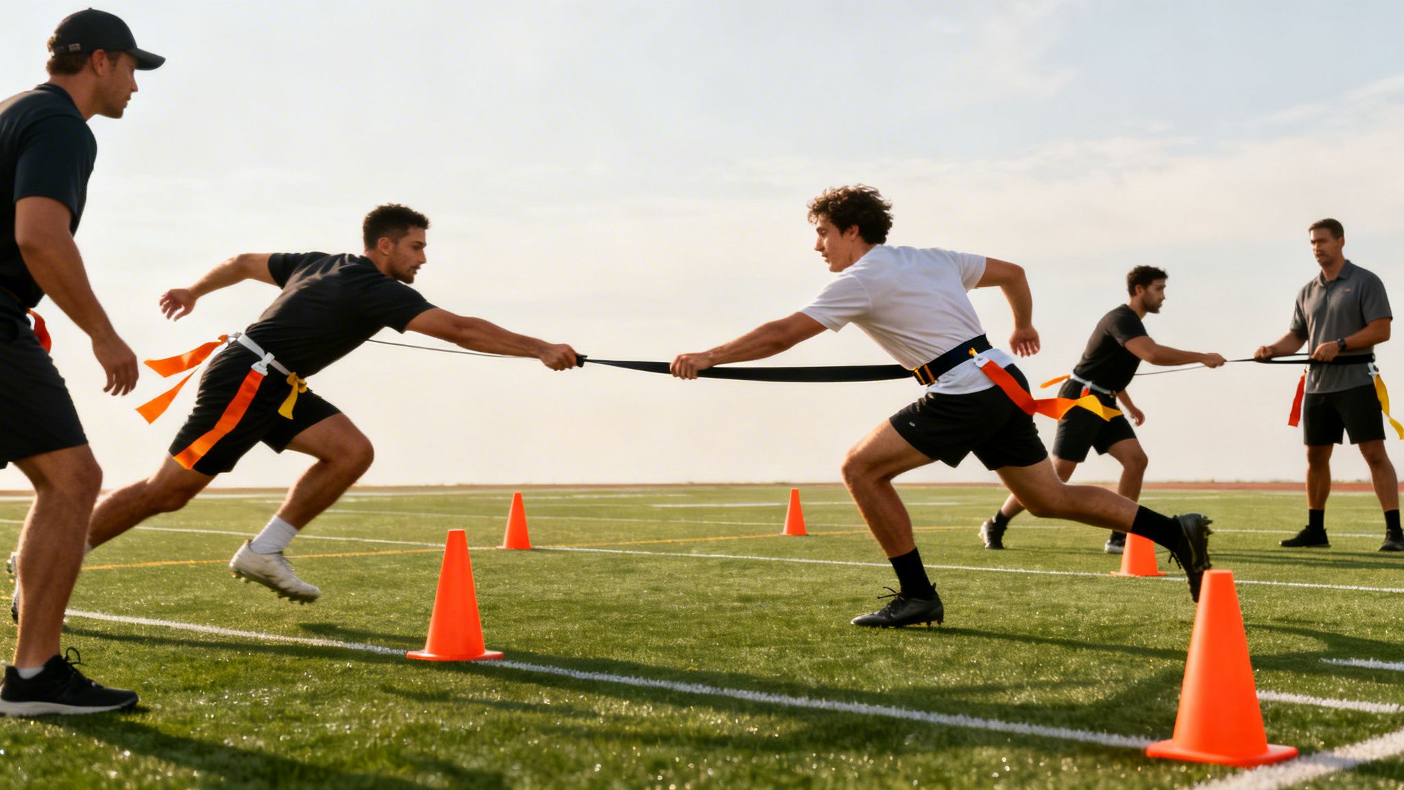 Adult men training for flag football on a field with resistance bands and orange cones.