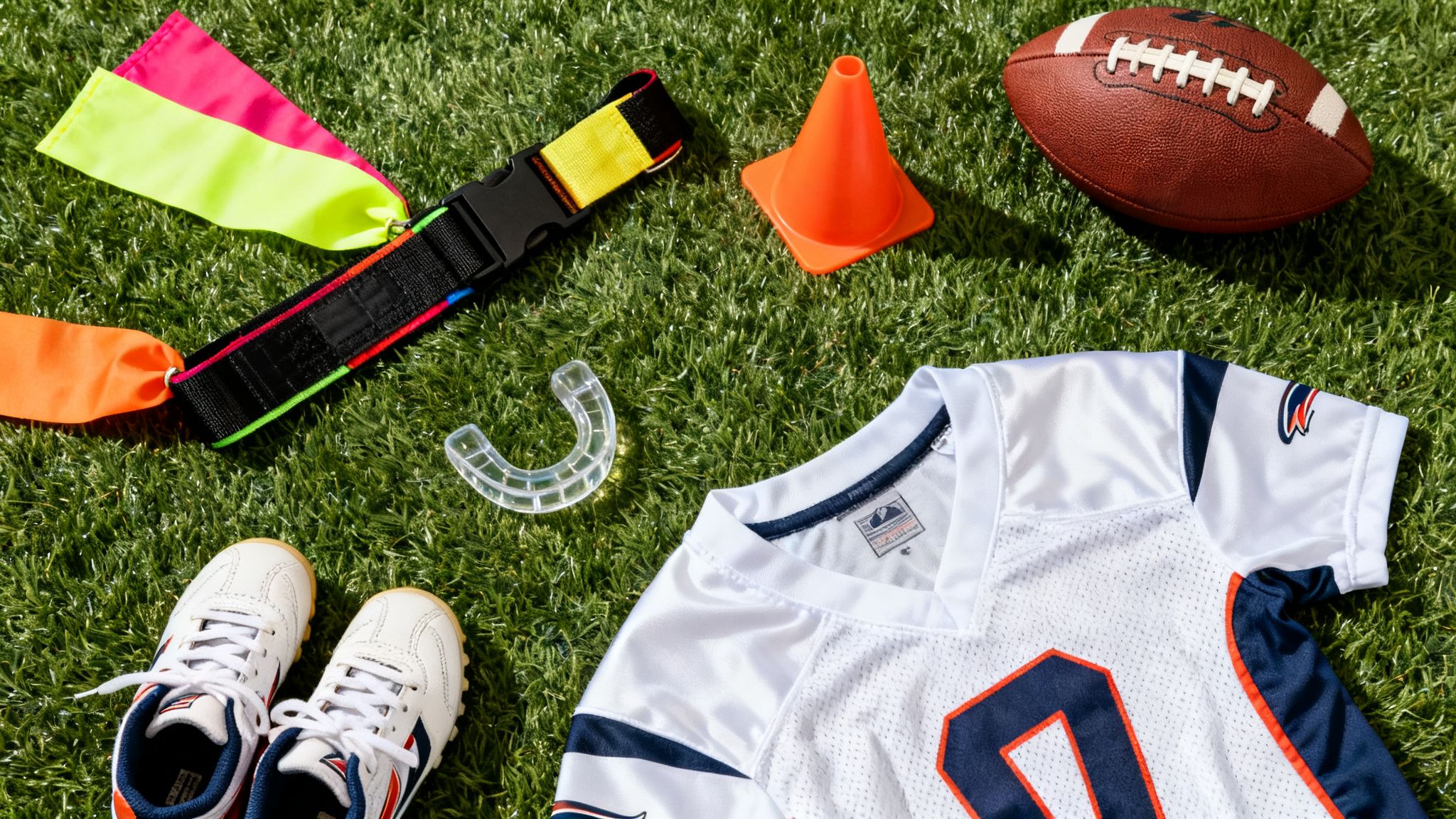 Flag football gear laid out on artificial turf, including a jersey, ball, flags, cleats, cone, and mouthguard.