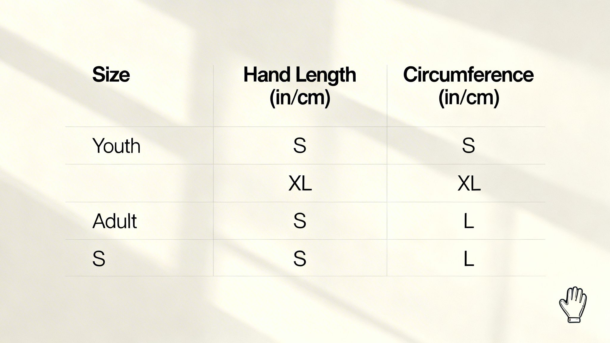 A football glove sizing chart for Youth, Adult, and S sizes showing hand length and circumference measurements.
