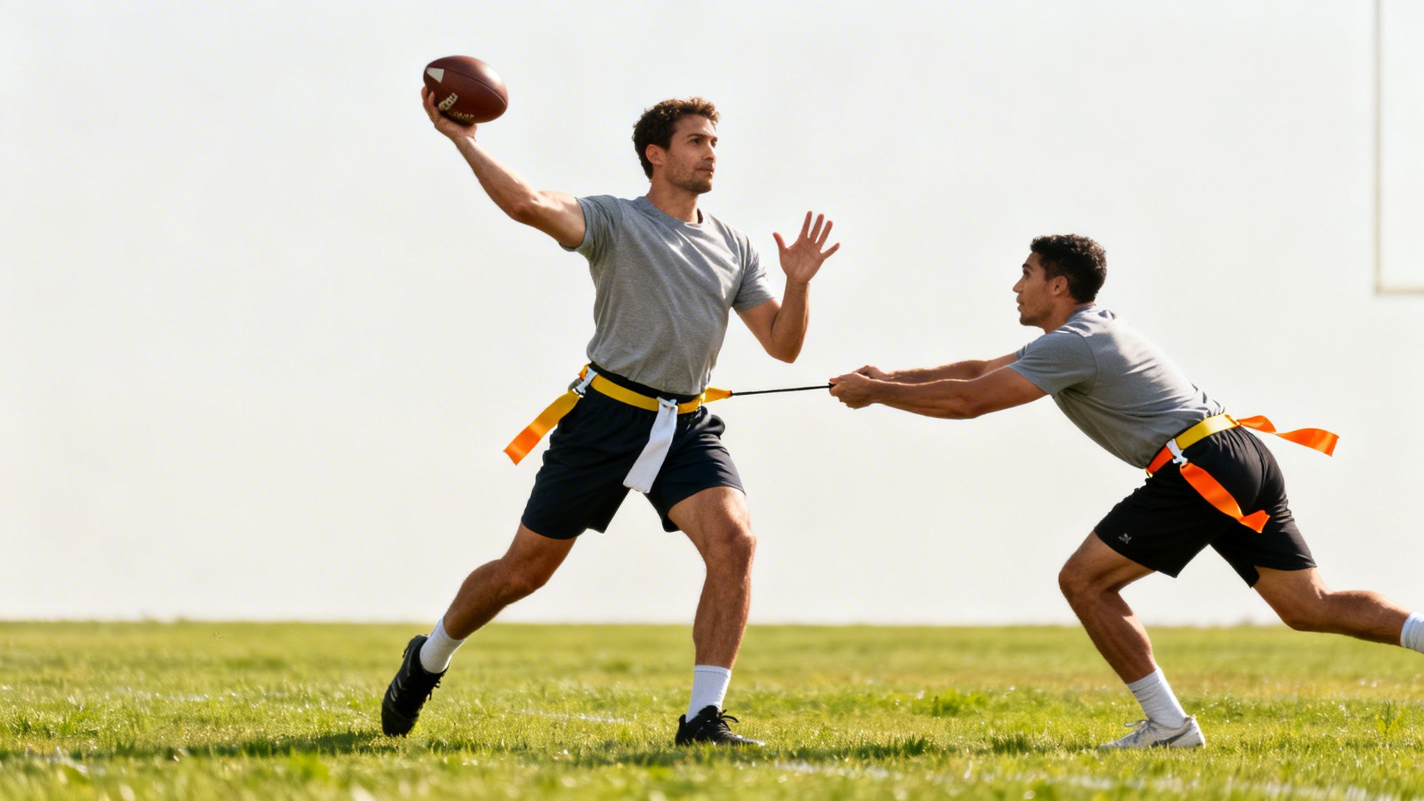 Two adult men playing flag football on a grassy field; one throws ball, other pulls flag.