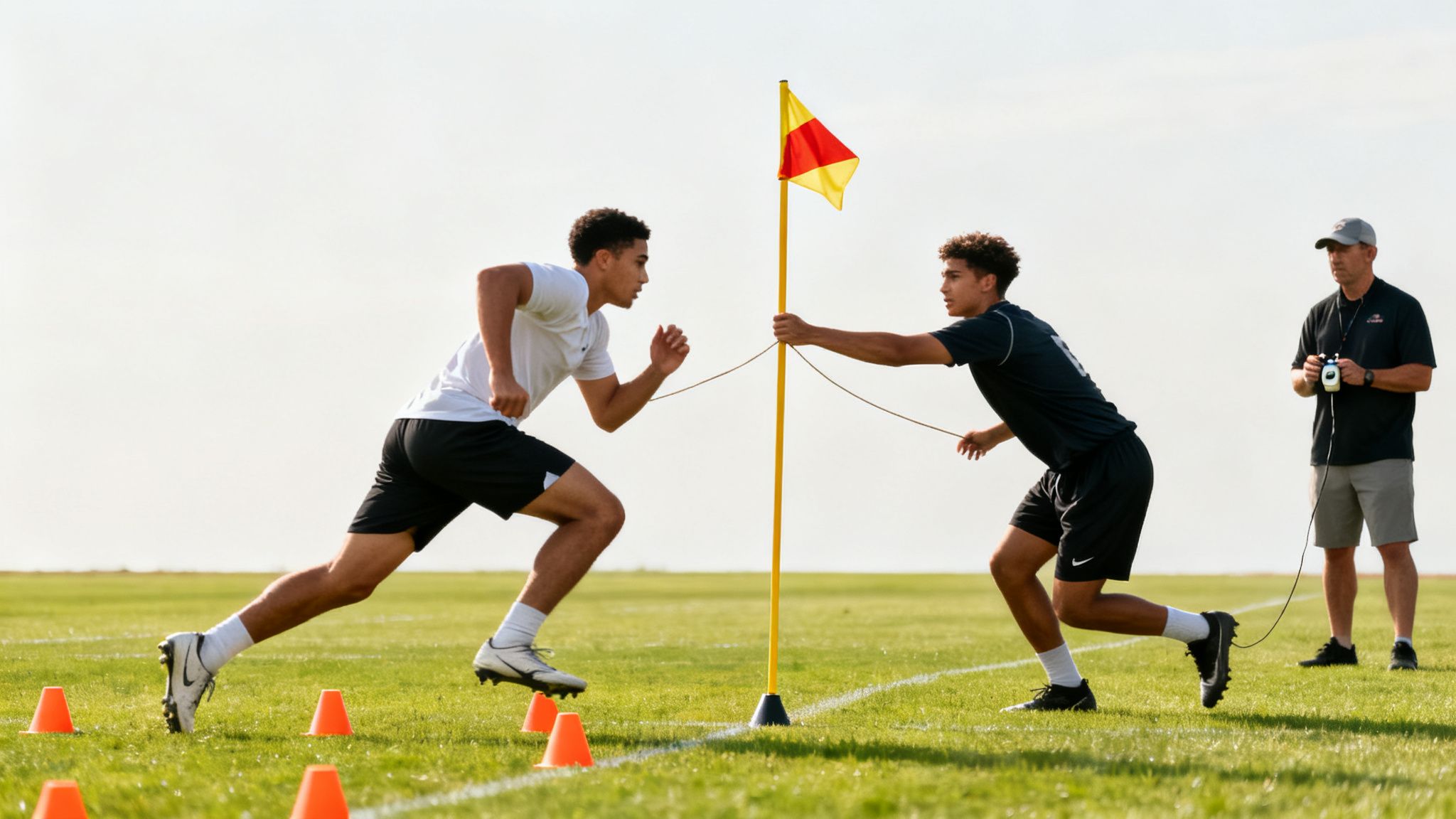 Two male athletes perform resistance training on a grassy field, with a coach timing.