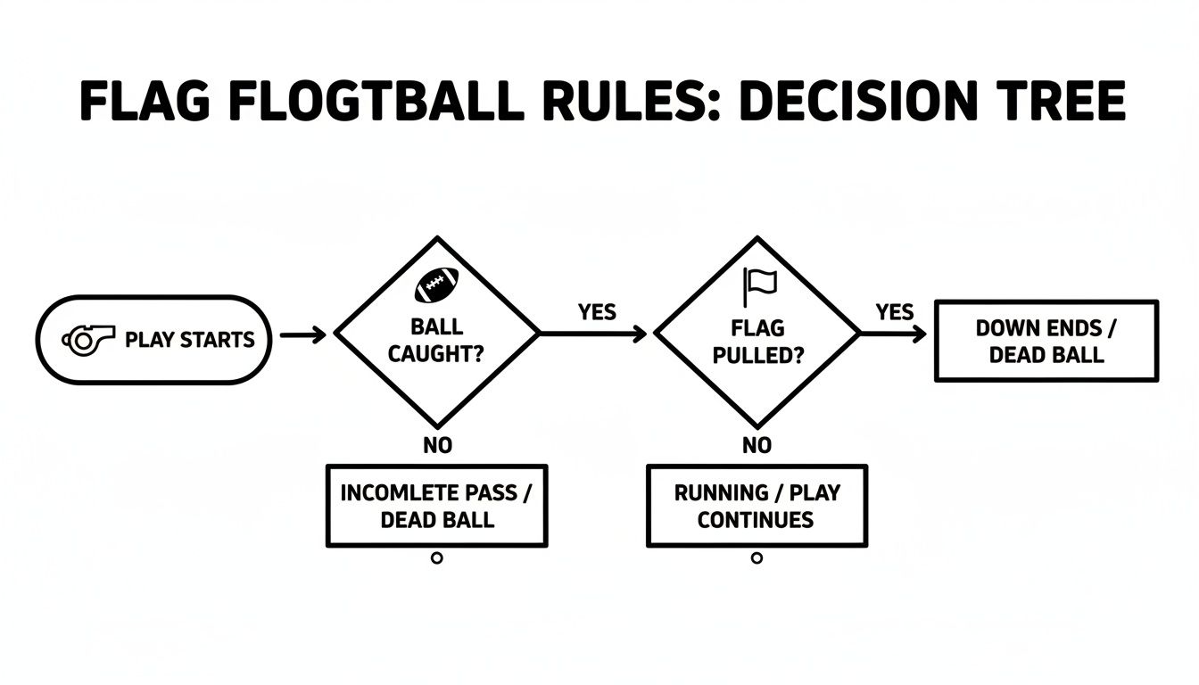 Flowchart detailing Flag Flogtball (Flag Football) rules, showing play progression and outcomes.