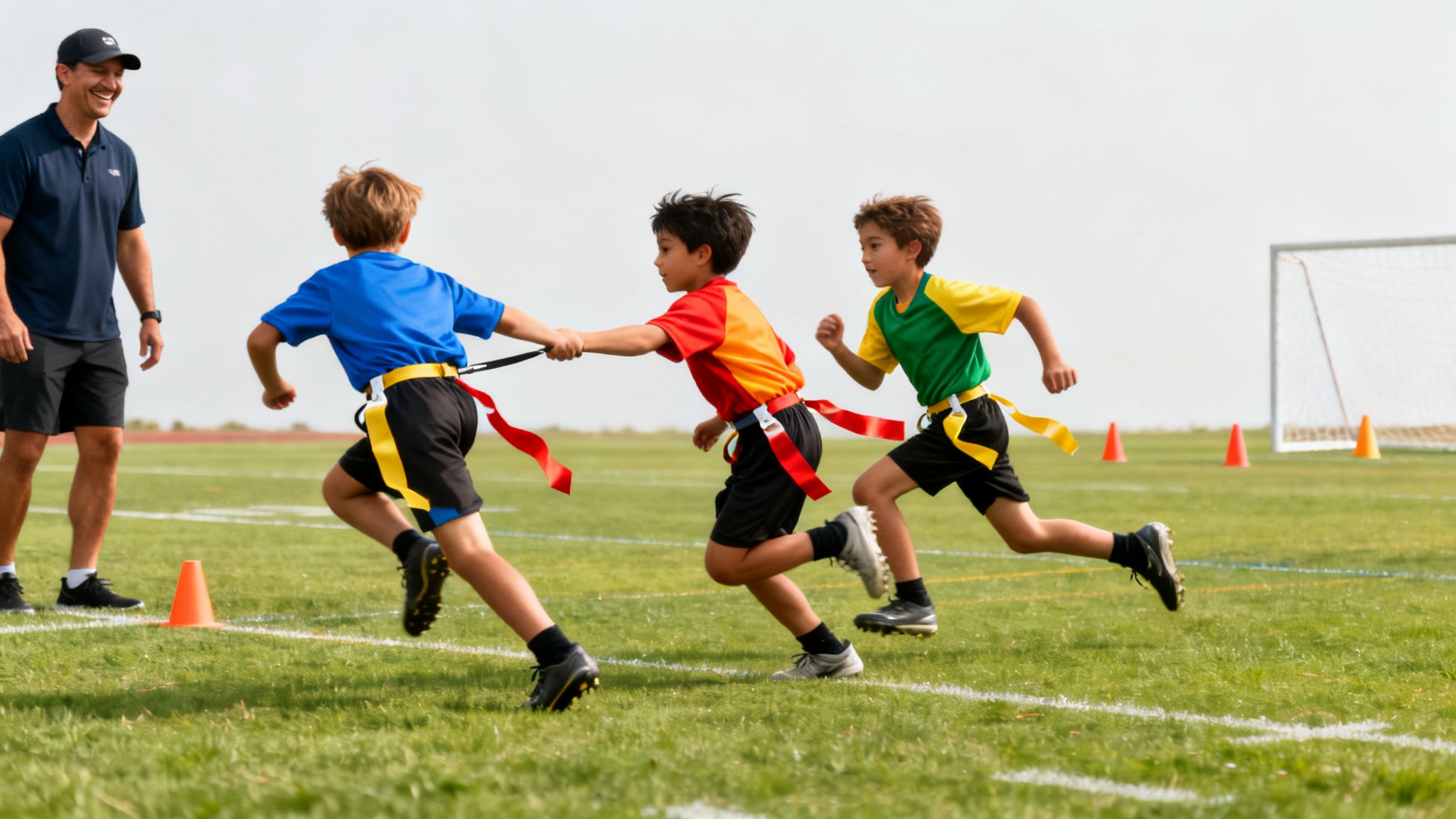 A smiling coach watches three young boys running and playing flag football on a sunny field.