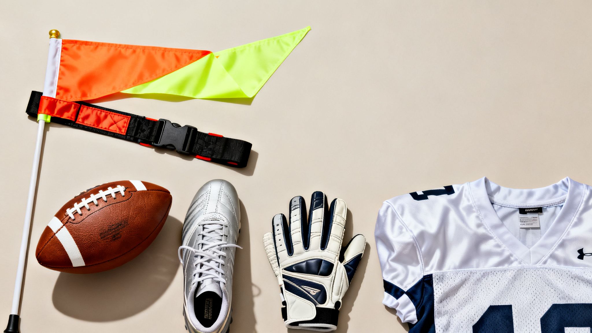 A flat lay of flag football equipment, including a flag, belt, football, cleat, glove, and jersey.