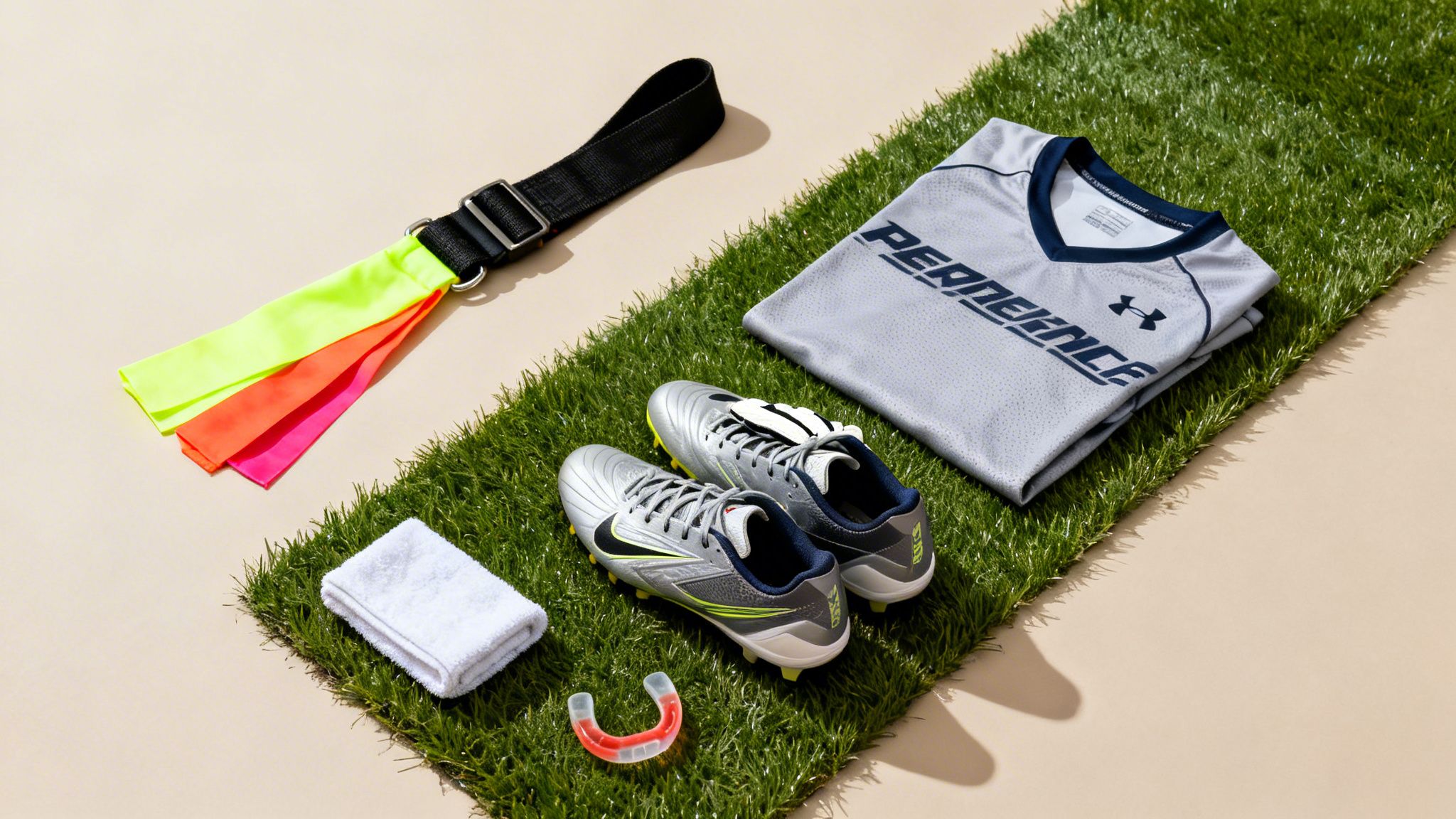 A flat lay of flag football equipment including cleats, a jersey, flag belt, towel, and mouthguard.