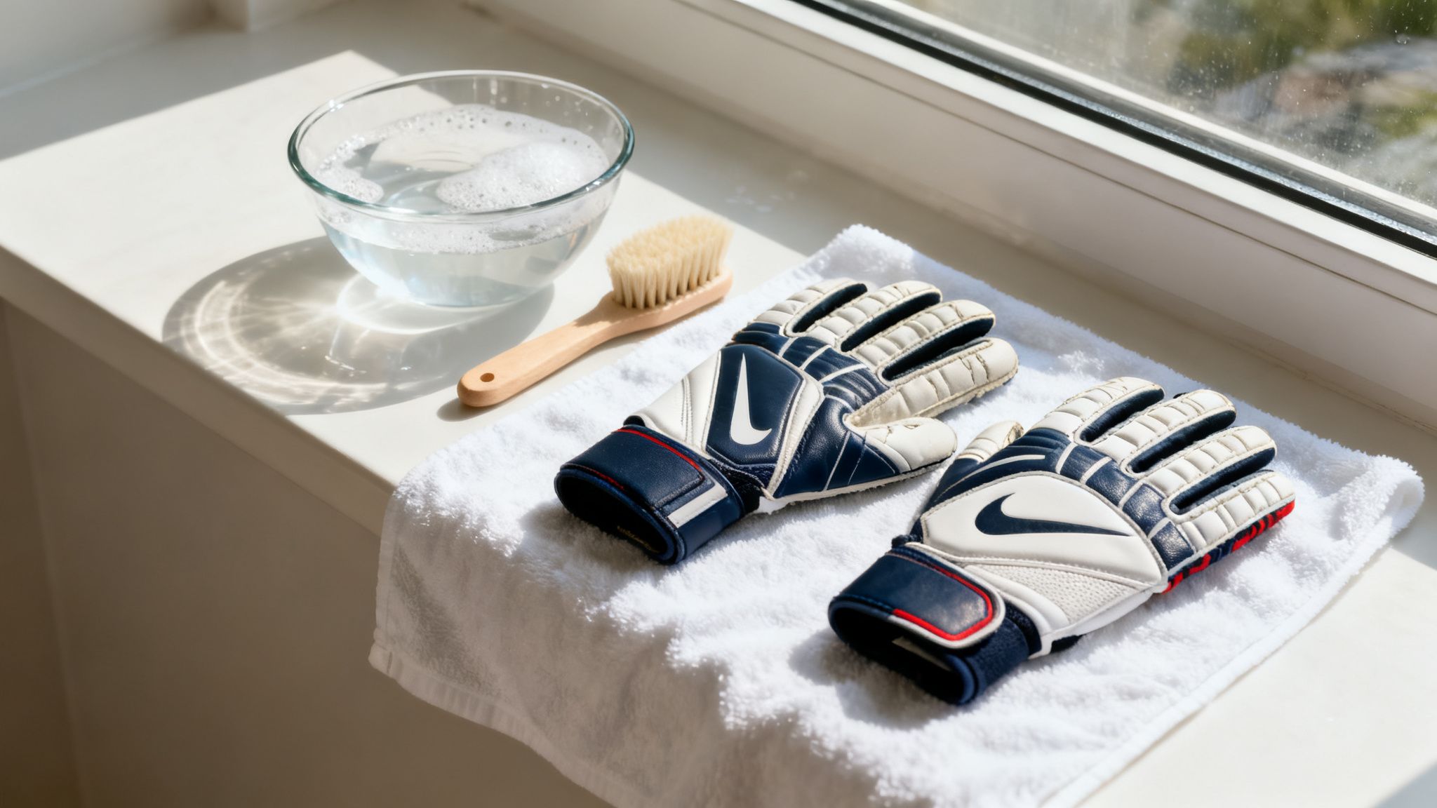 A pair of blue and white Nike goalkeeper gloves on a towel, next to a bowl of soapy water and a brush, ready for cleaning.