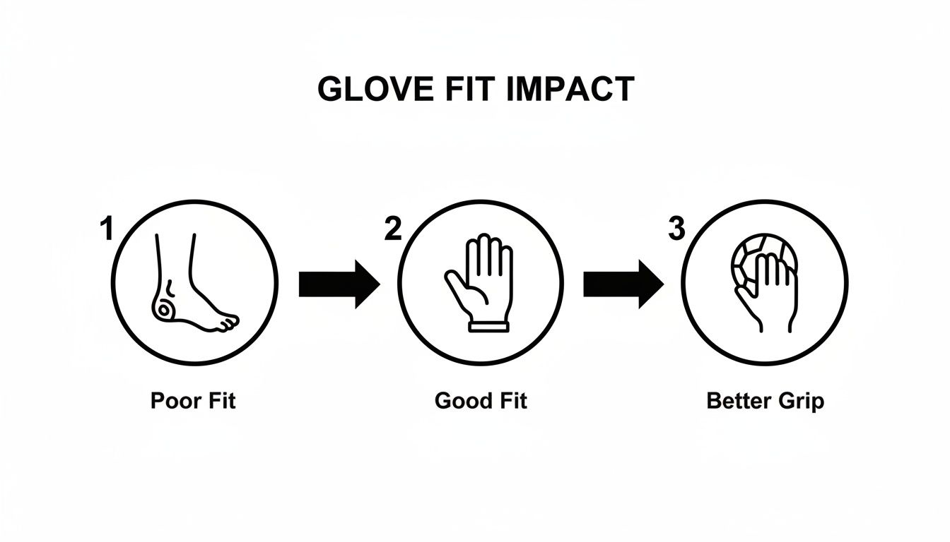 Diagram showing the impact of glove fit: poor fit leads to good fit, which results in better grip.