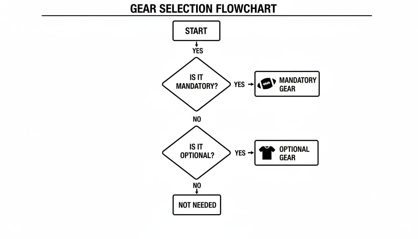 A gear selection flowchart shows steps to determine if an item is mandatory, optional, or not needed.