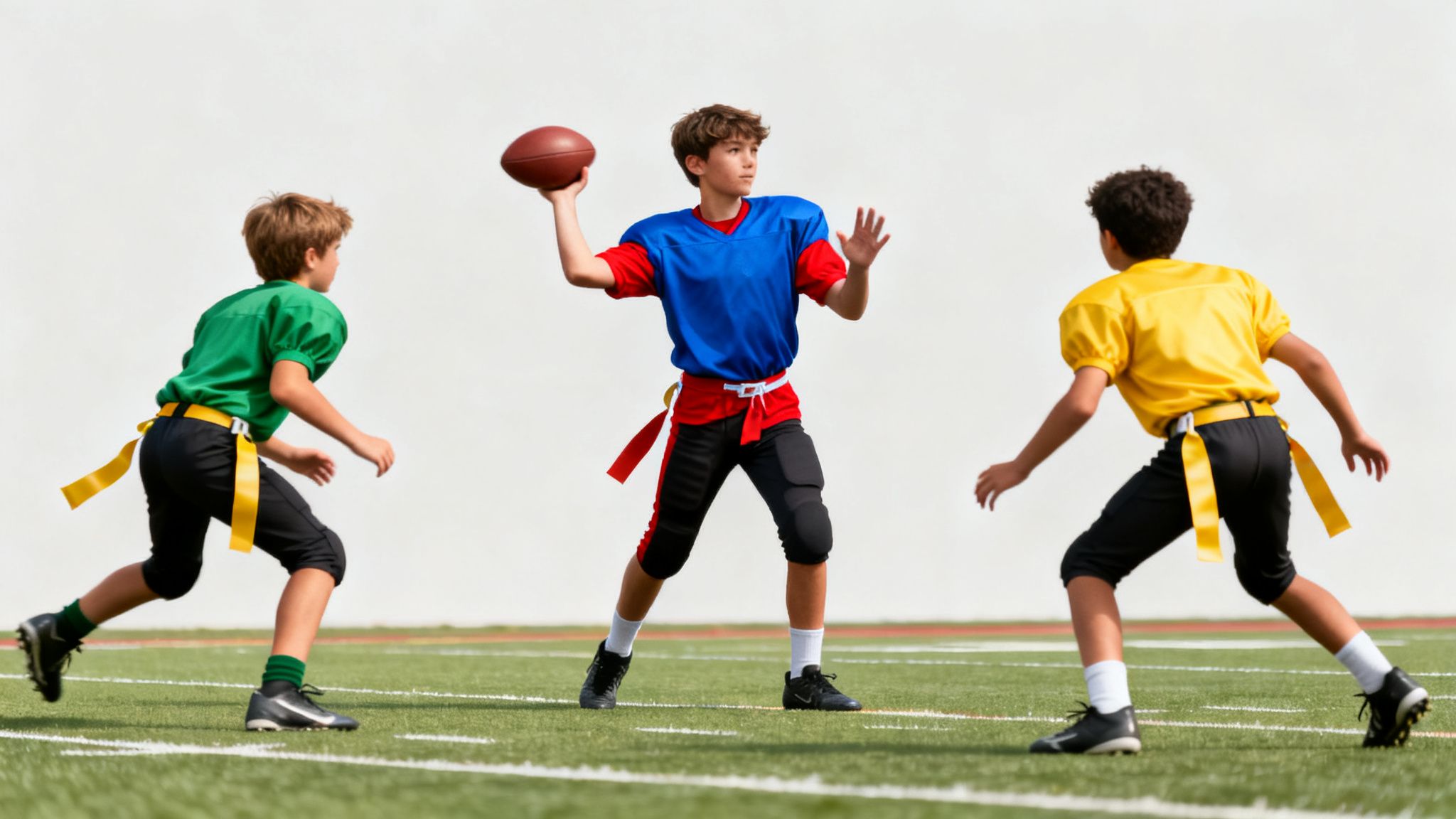 Three young boys playing flag football on a green field; one boy is throwing the football.