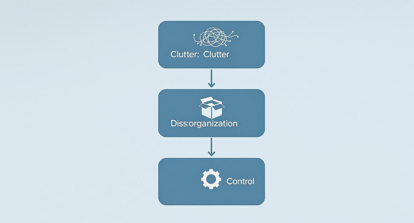 Three-stage organizational flowchart showing progression from clutter to disorganization to control with icons