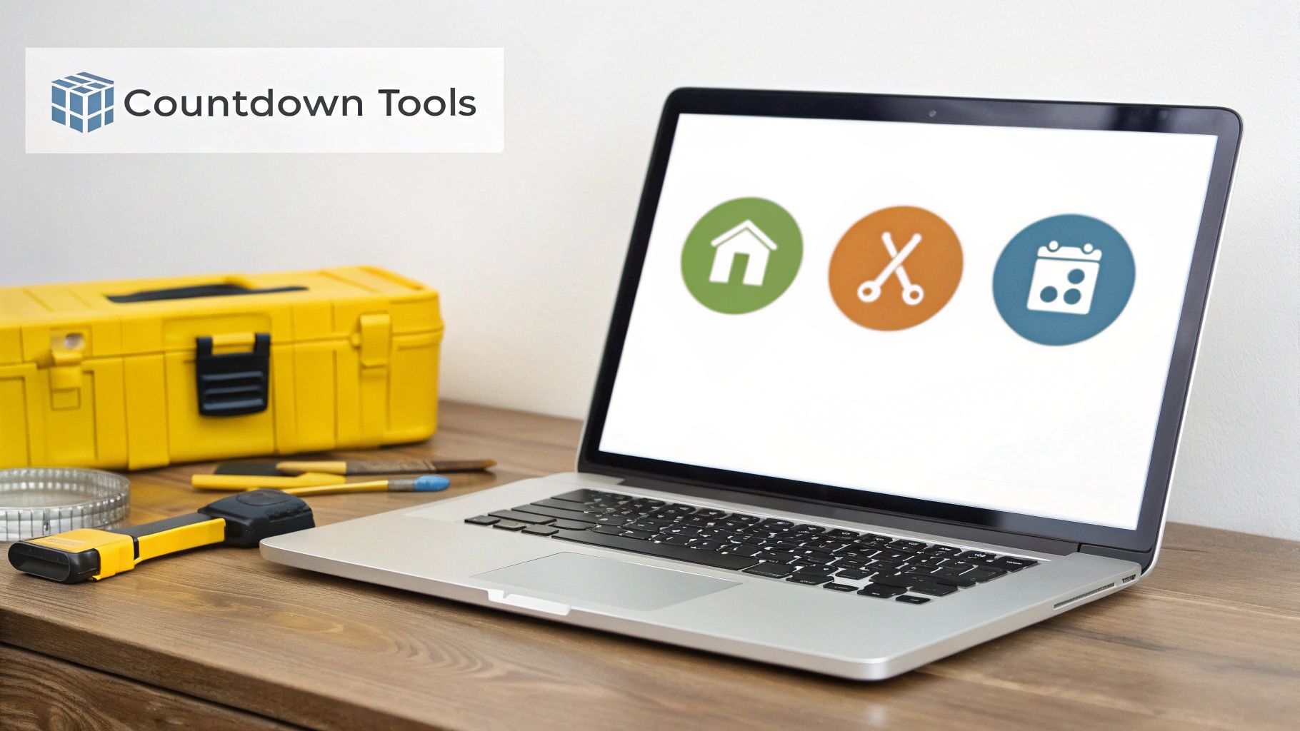 A laptop showing countdown tool icons on a desk with a yellow toolbox and various tools.