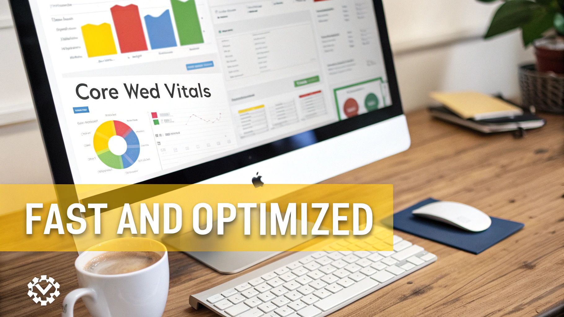 A desk with an iMac displaying a Core Web Vitals dashboard, keyboard, mouse, and coffee cup, emphasizing fast and optimized web performance.