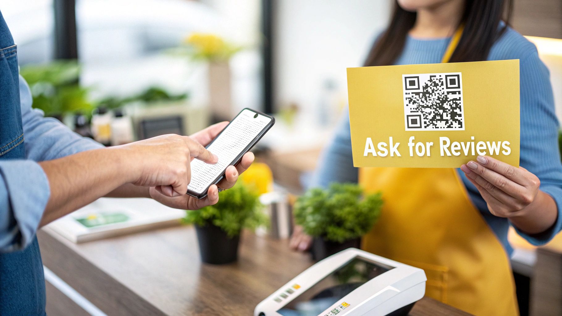 A cafe owner smiling and handing a customer a takeaway cup with a QR code sticker on it.