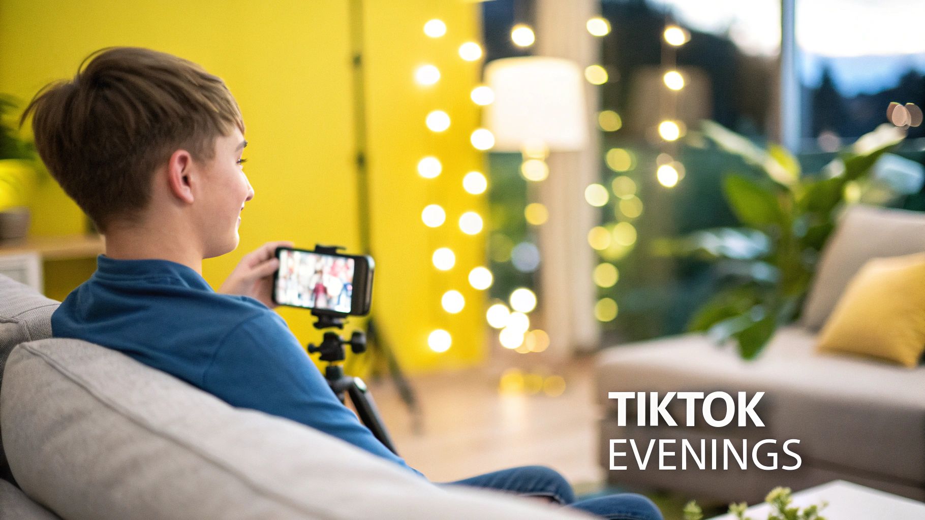 Young man sitting on a couch, filming with a smartphone on a tripod in a cozy room with string lights.