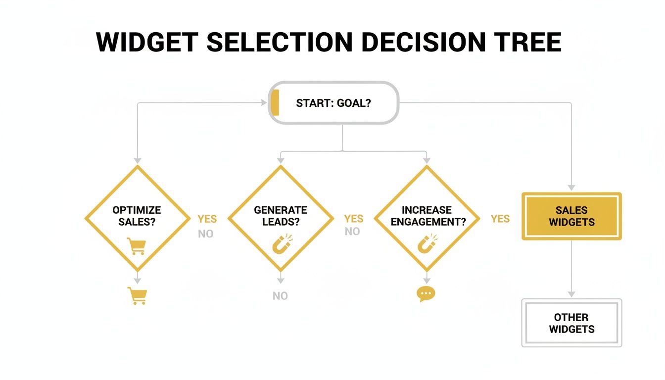 A decision tree diagram for selecting website widgets based on sales, lead generation, or engagement goals.