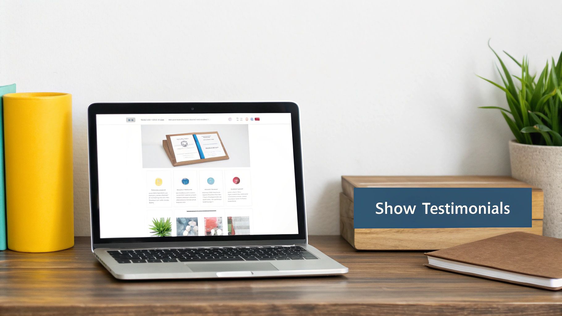 A modern workspace with a laptop displaying a website, colorful objects, a plant, and a 'Show Testimonials' sign.
