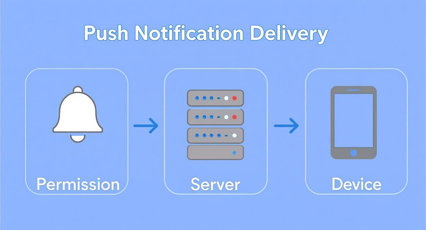 Flowchart illustrating the push notification delivery process, from obtaining user permission through a server to a mobile device.