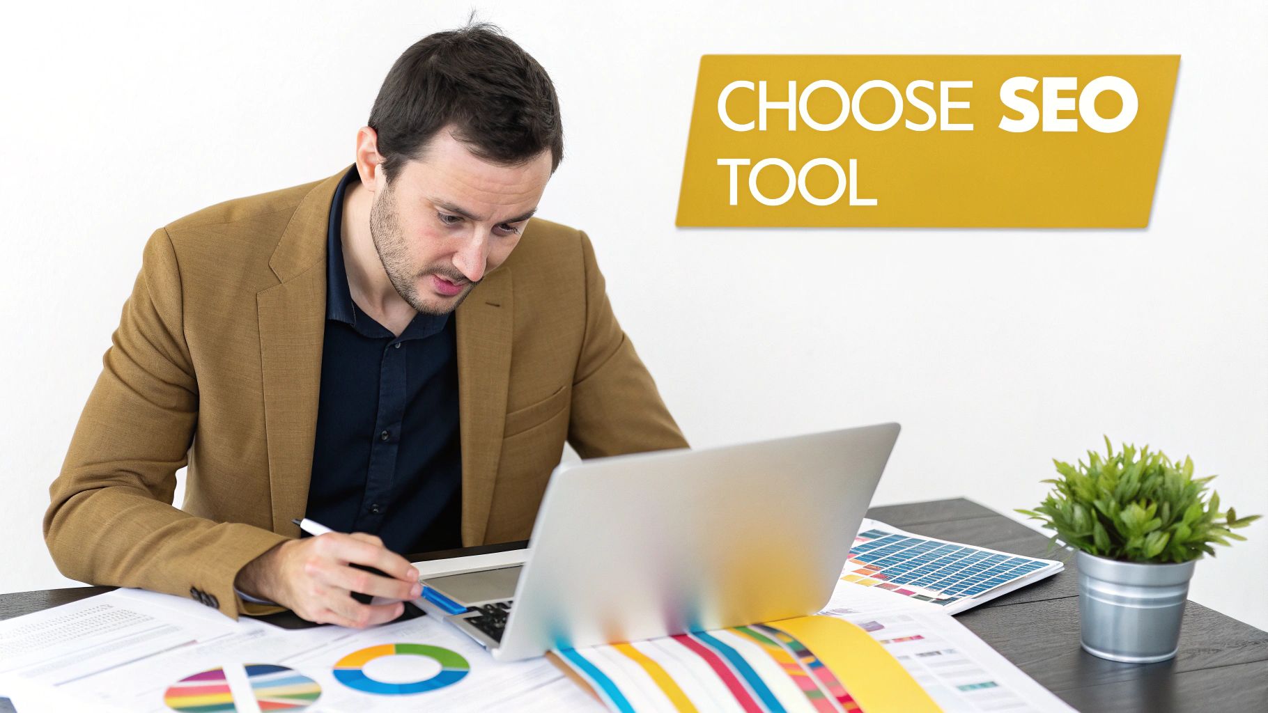 Man in a brown jacket analyzing charts and a laptop at a desk, choosing an SEO tool.