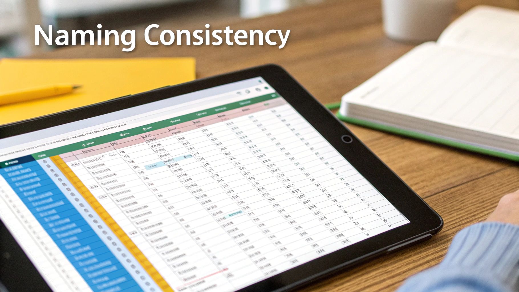 A tablet displaying a detailed spreadsheet with the text 'Naming Consistency' on a wooden desk.