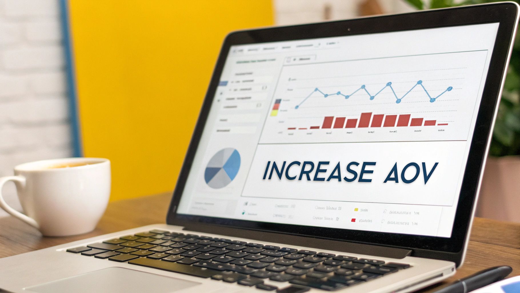 A laptop displays a business dashboard with charts and 'INCREASE AOV' text, next to a coffee cup.