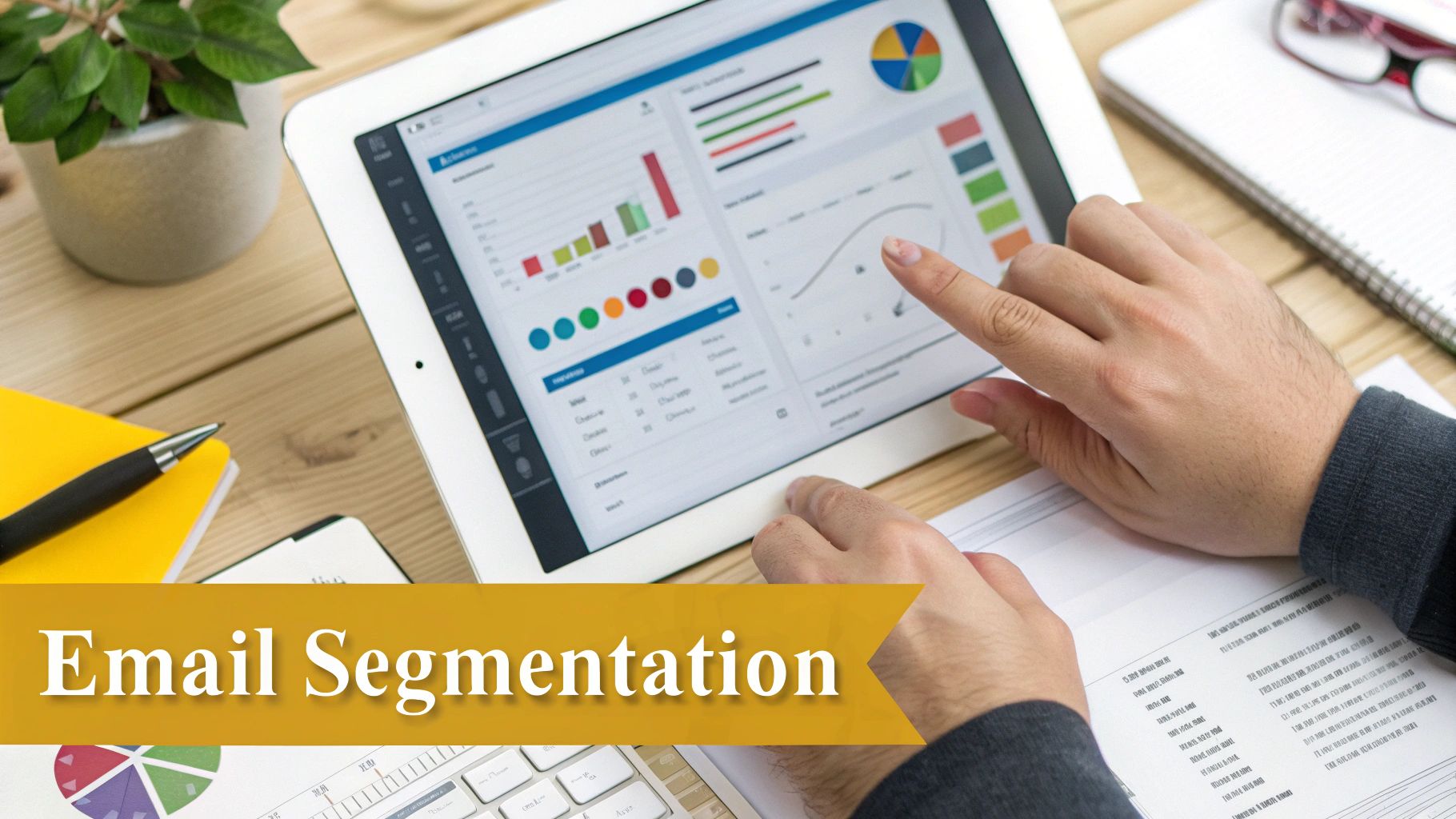 A person analyzing email segmentation data on a tablet, displaying charts and graphs on a wooden desk.