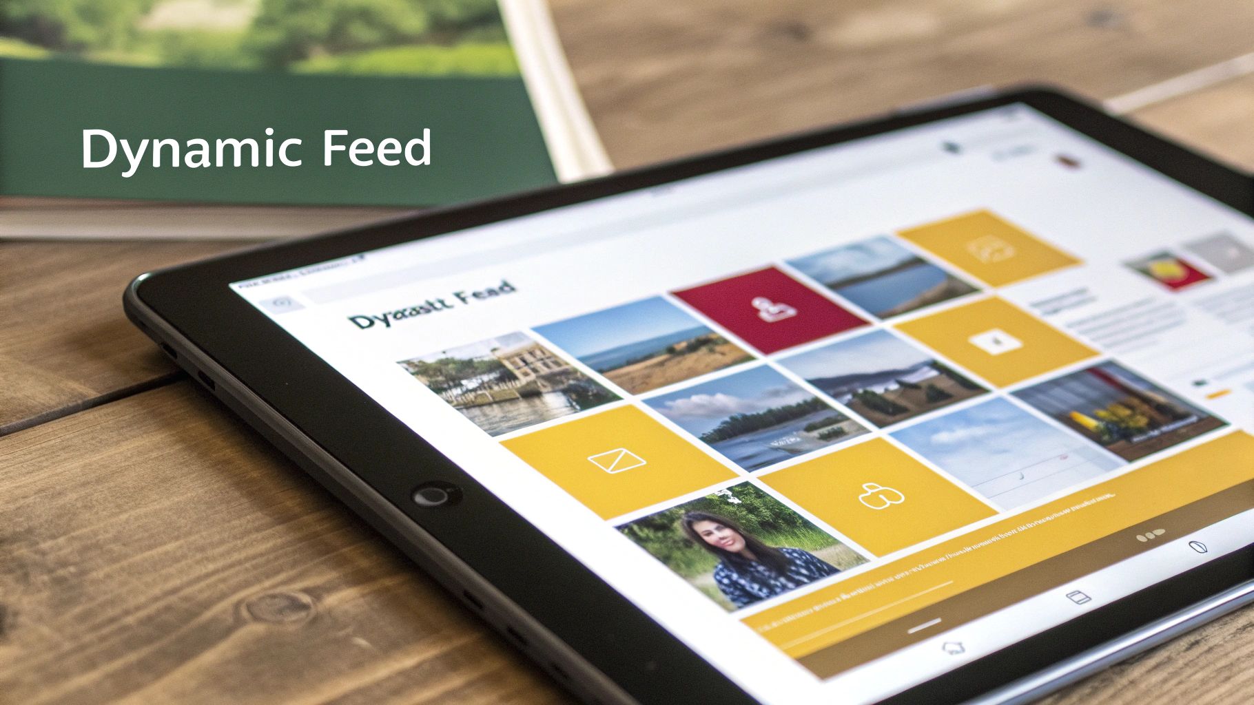 Tablet displaying dynamic social media feed with colorful grid layout of photos and icons