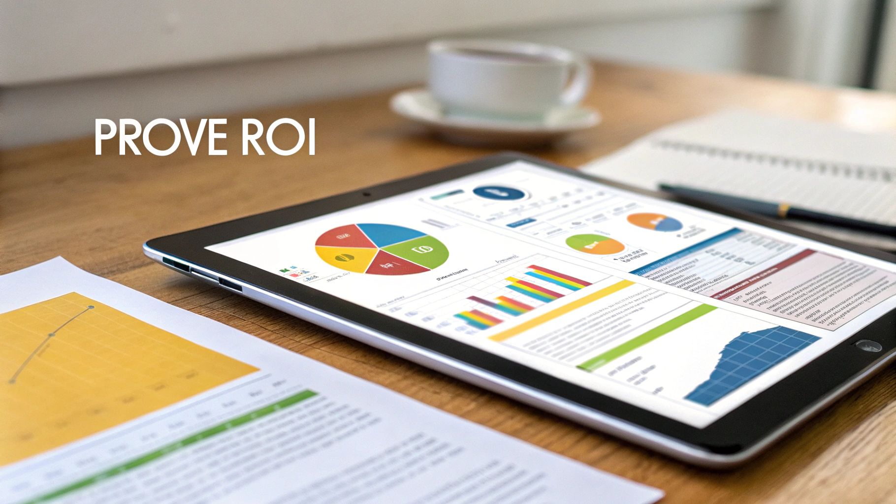 Tablet showcasing financial charts, graphs, and ROI data on a wooden desk with documents.