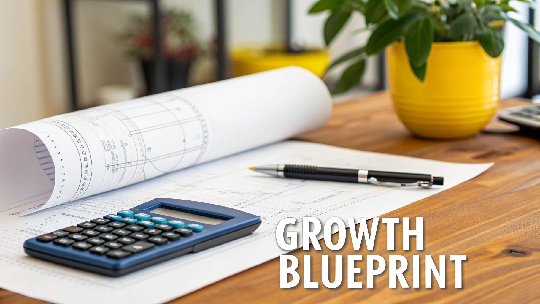 A rolled blueprint, calculator, and pen on a wooden desk, symbolizing a growth blueprint for business.
