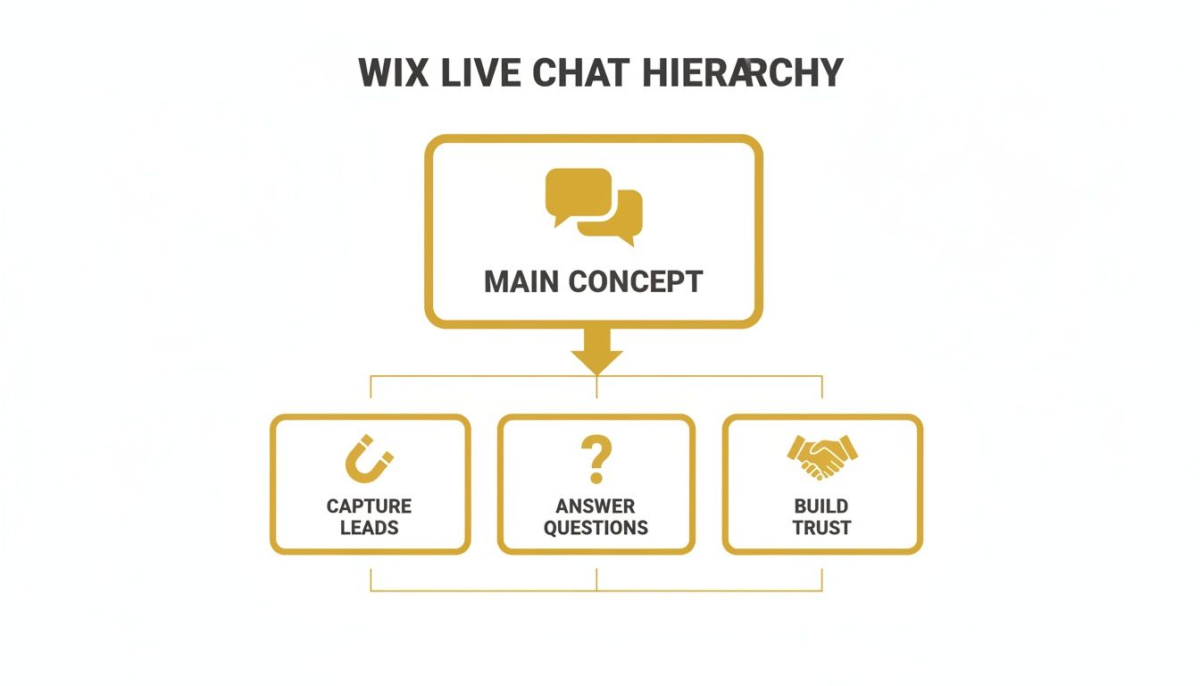 Hierarchy diagram showing Wix Live Chat's main concept: capture leads, answer questions, build trust.