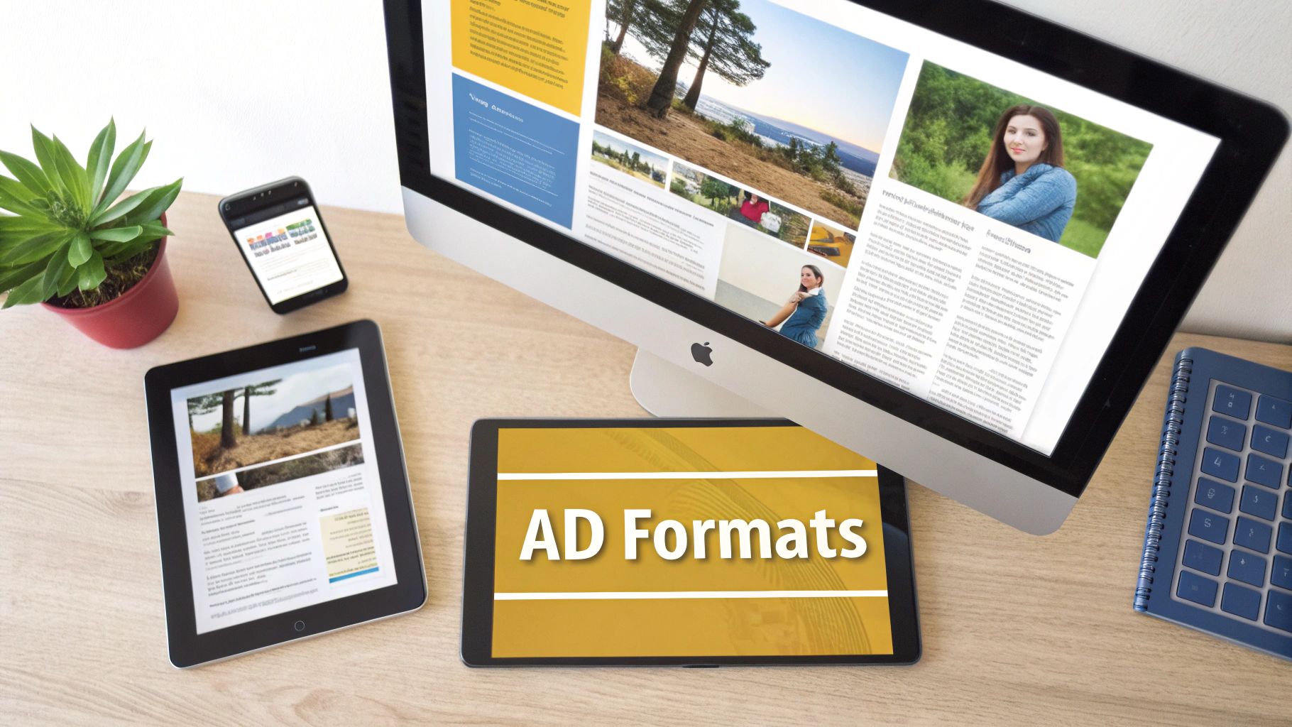 Desk with multiple digital devices displaying a website, articles, and 'AD Formats' content.