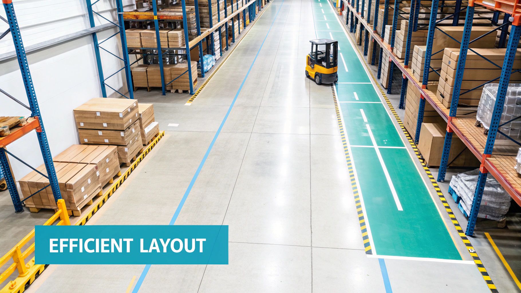 An organized warehouse interior with blue pallet racking, a yellow forklift on a green path, showcasing an efficient layout.