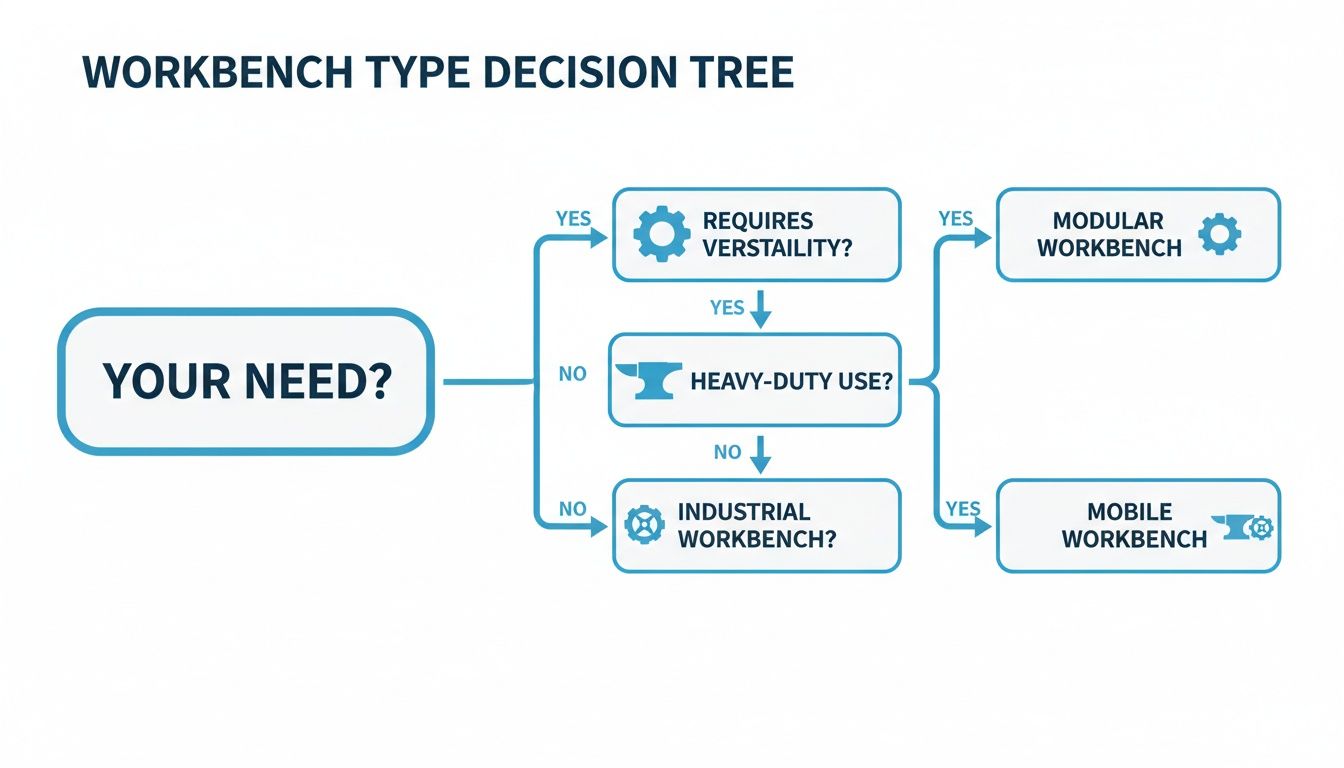 Your Ultimate Guide to Garage Storage Workbenches 3 Decision tree for selecting a workbench, guiding users to modular or mobile types based on specific needs.