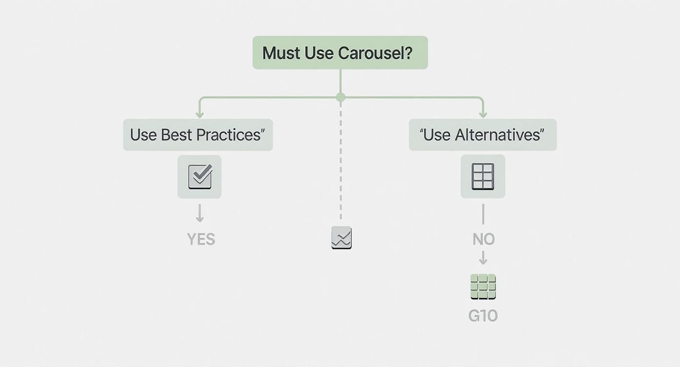 Decision flowchart showing when to use carousel or alternatives like grid layout on website