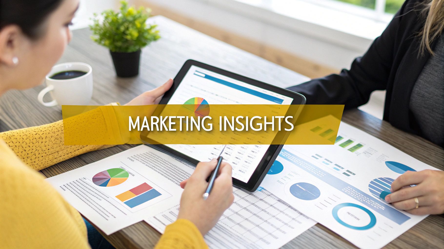 Two women analyze marketing data and charts on a tablet and paper, with 'Marketing Insights' banner.