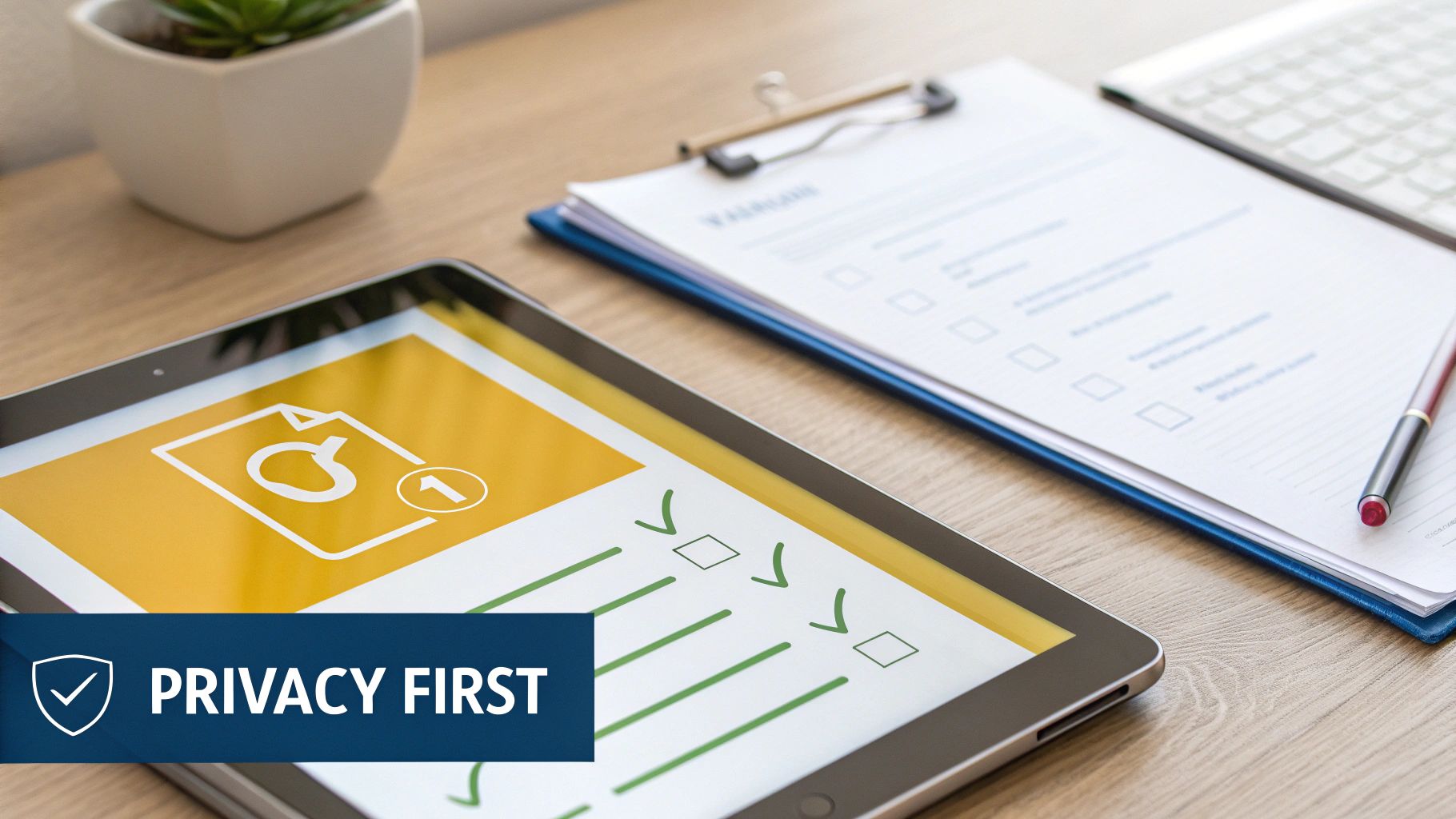 Tablet showing a privacy checklist and document icon, next to a clipboard with a 'PRIVACY FIRST' banner.