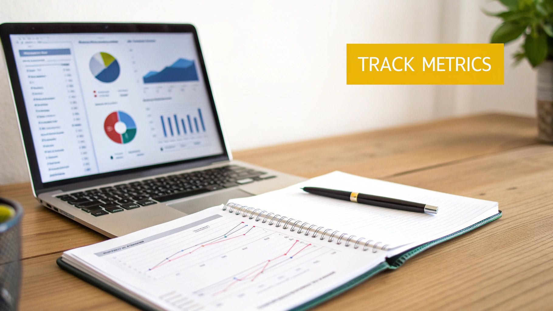 Laptop showing data analytics charts, an open notebook with graphs, and a pen on a wooden desk.