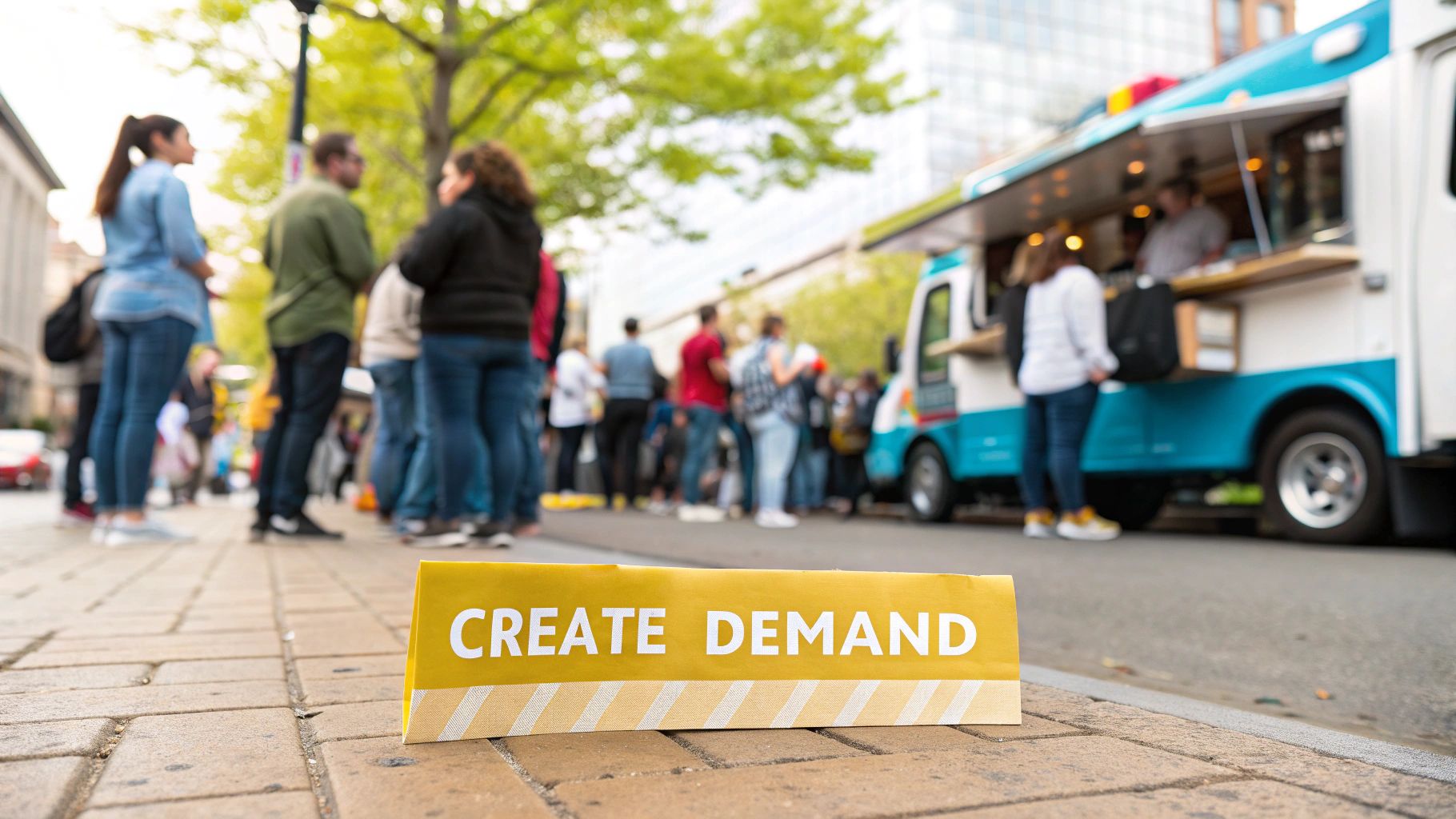A yellow 'CREATE DEMAND' sign on a sidewalk with people queuing at a bustling food truck.